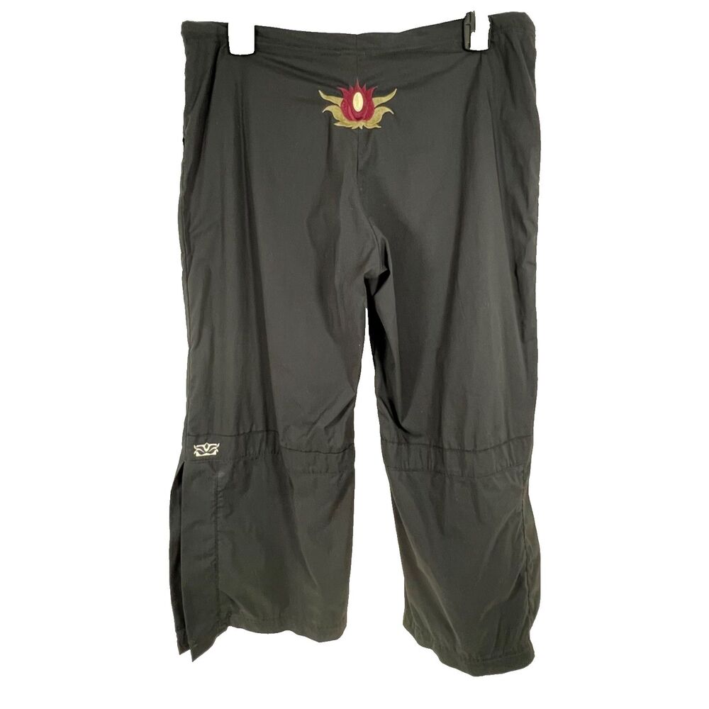 Be Present Medium Black Yoga Crop Pants Drawstring Lotus Embroidered Activewear